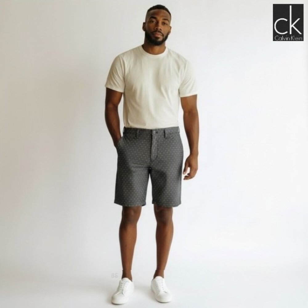 CALVIN KLEIN Men’s Chambray Shorts – Size 36 – Dark Gray Micro‑Geo – NWT